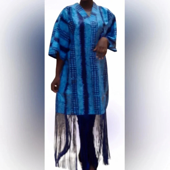 ZIXLUXE Fashion Loose Fit half Fringe Adire Kaftan | Coverup | maxi V Neck dress - Picture 12 of 12